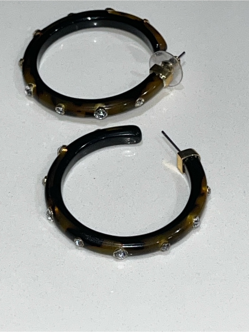Olive Tortoiseshell Hoop Earrings with Crystals - Women Jewelry - Picture 2 of 3